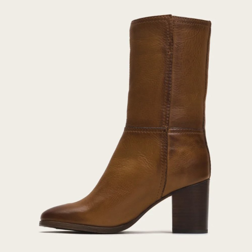 $399 Frye Nora Mid Calf Pull On Cognac Leather Heeled Fall/Winter Ankle Bootie - Picture 2 of 14